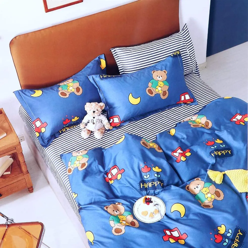 Goodnight's Sleep Cartoon Double Bedsheet With 2 Pillow Covers (Blue)