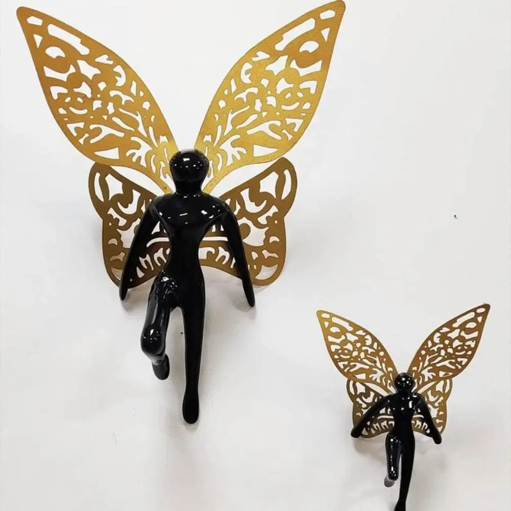 Gorgeous Angel With Wings Metal Wall Decor for Living Room (Black & Gold)- Set of 2
