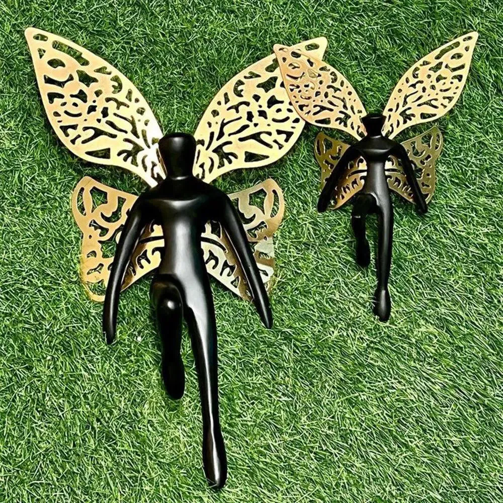 Gorgeous Angel With Wings Metal Wall Decor for Living Room (Black & Gold)- Set of 2