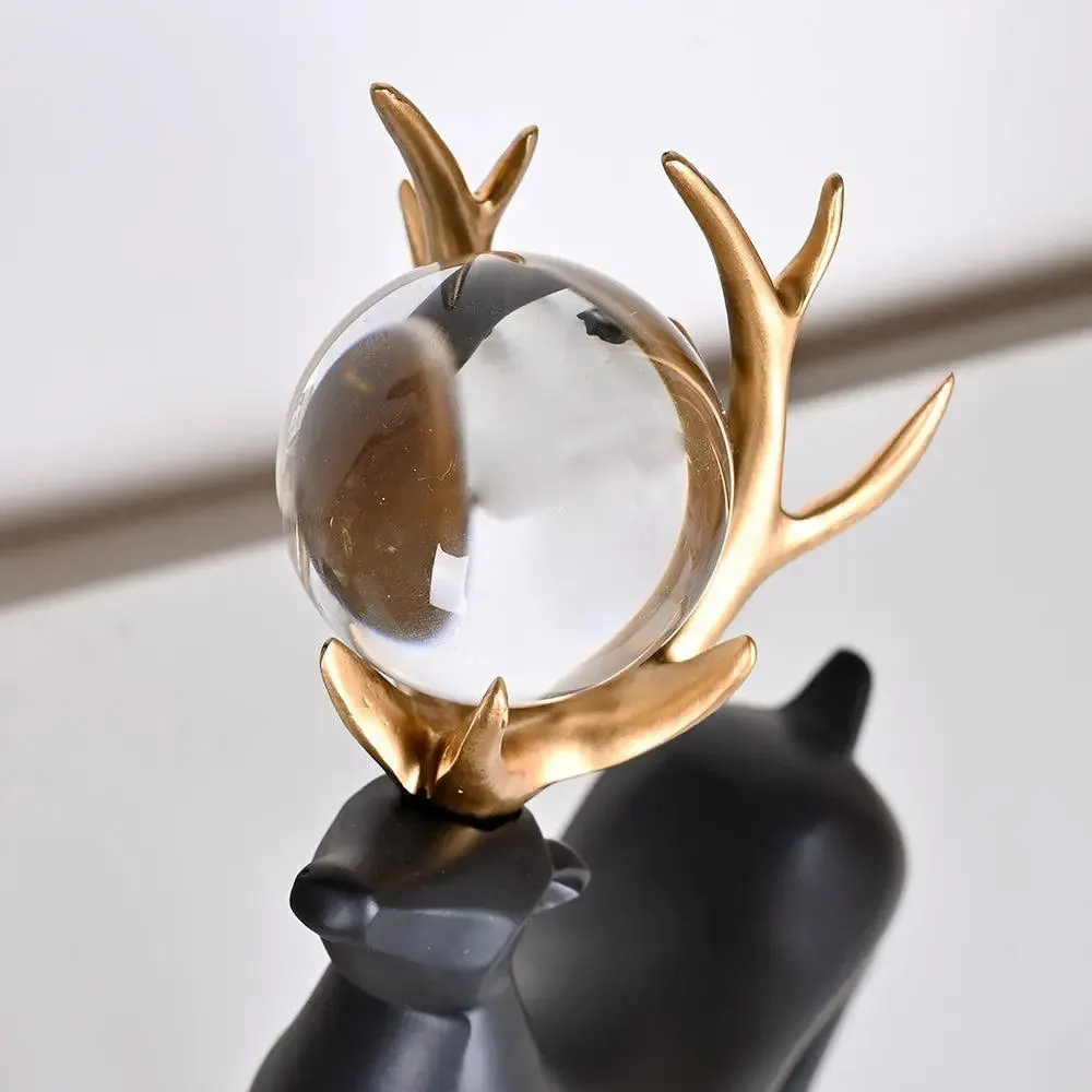 Gorgeous Black & Gold Polyresin Swamp Deer Figurine with Decorative Crystal Balls Sitting