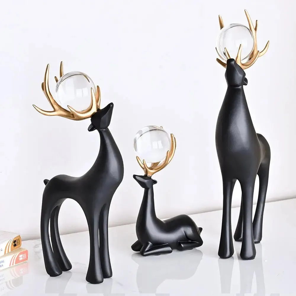 Gorgeous Black & Gold Polyresin Swamp Deer Figurine with Decorative Crystal Balls Sitting