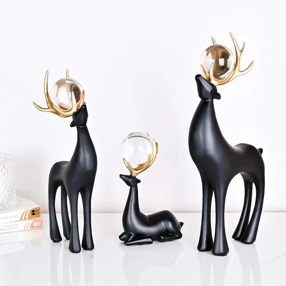 Gorgeous Black & Gold Polyresin Swamp Deer Figurine with Decorative Crystal Balls Sitting