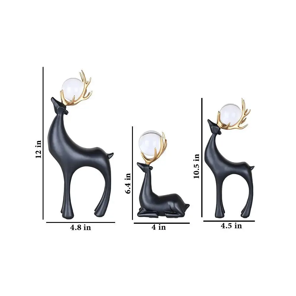 Gorgeous Black & Gold Polyresin Swamp Deer Figurine with Decorative Crystal Balls Sitting