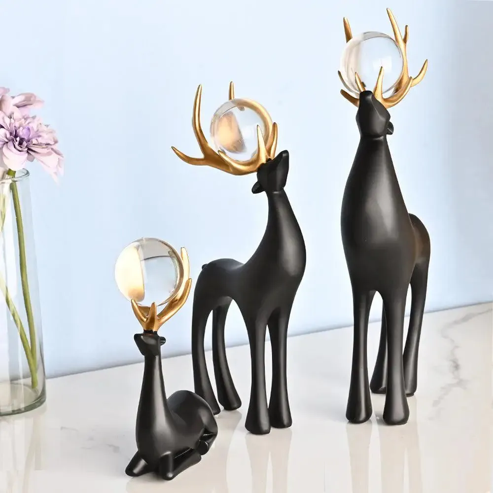 Gorgeous Black & Gold Polyresin Swamp Deer Figurine with Decorative Crystal Balls Sitting