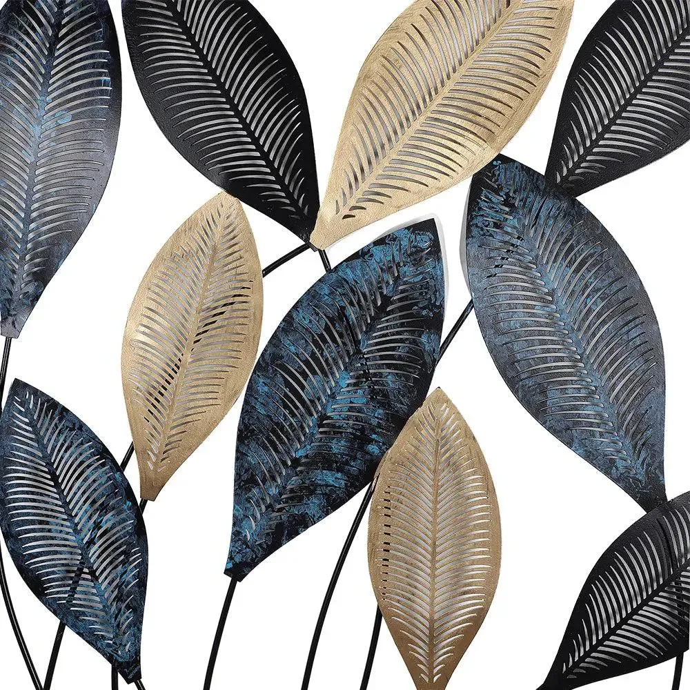Gorgeous Etched Long Leaves Metal Wall Art in Black & Gold Color