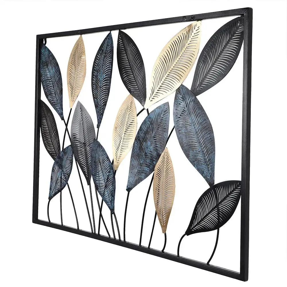 Gorgeous Etched Long Leaves Metal Wall Art in Black & Gold Color