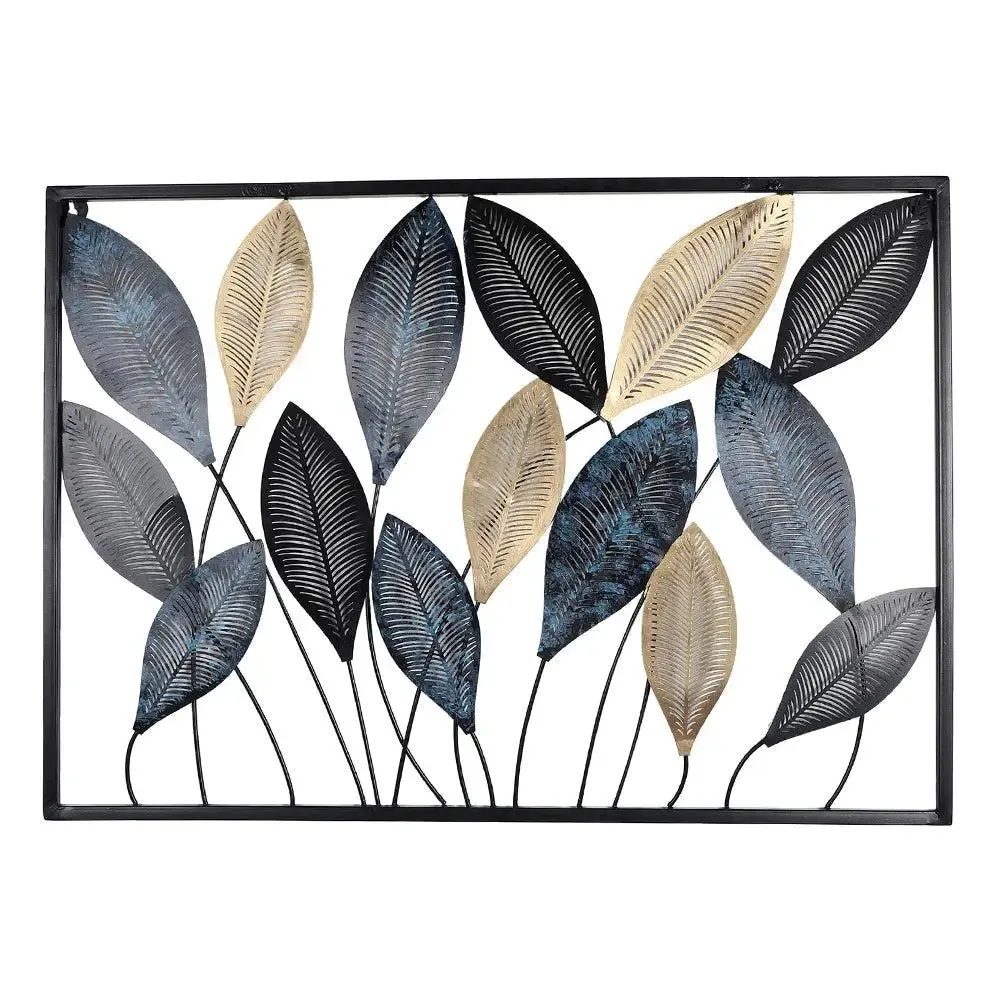 Gorgeous Etched Long Leaves Metal Wall Art in Black & Gold Color