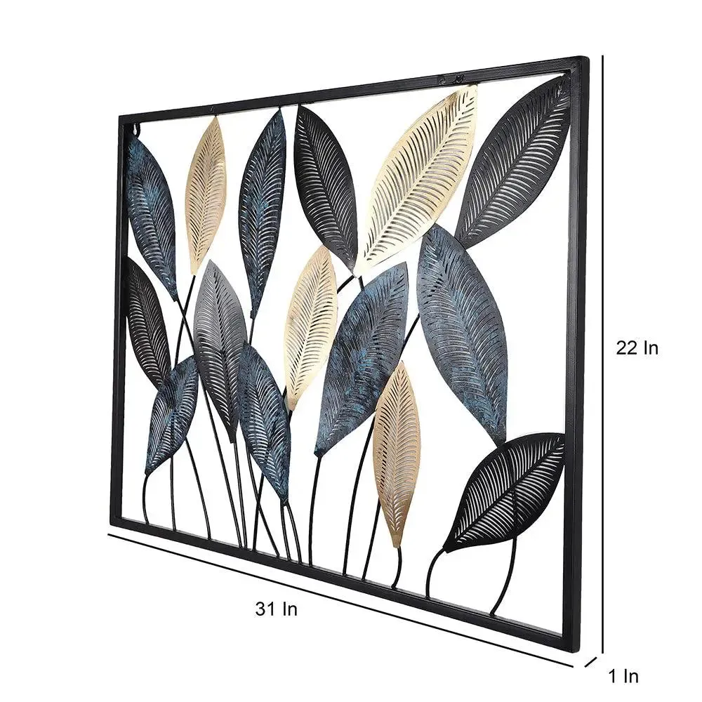 Gorgeous Etched Long Leaves Metal Wall Art in Black & Gold Color
