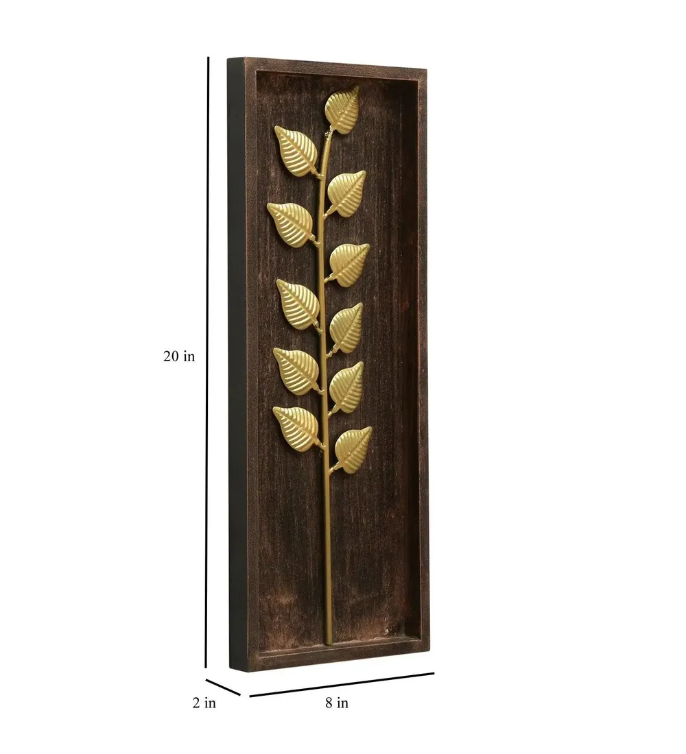 Gorgeous Golden Metal Leaf with Wooden Frame Metal Wall Art