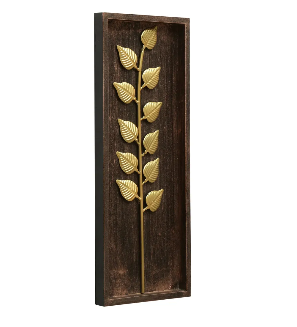 Gorgeous Golden Metal Leaf with Wooden Frame Metal Wall Art