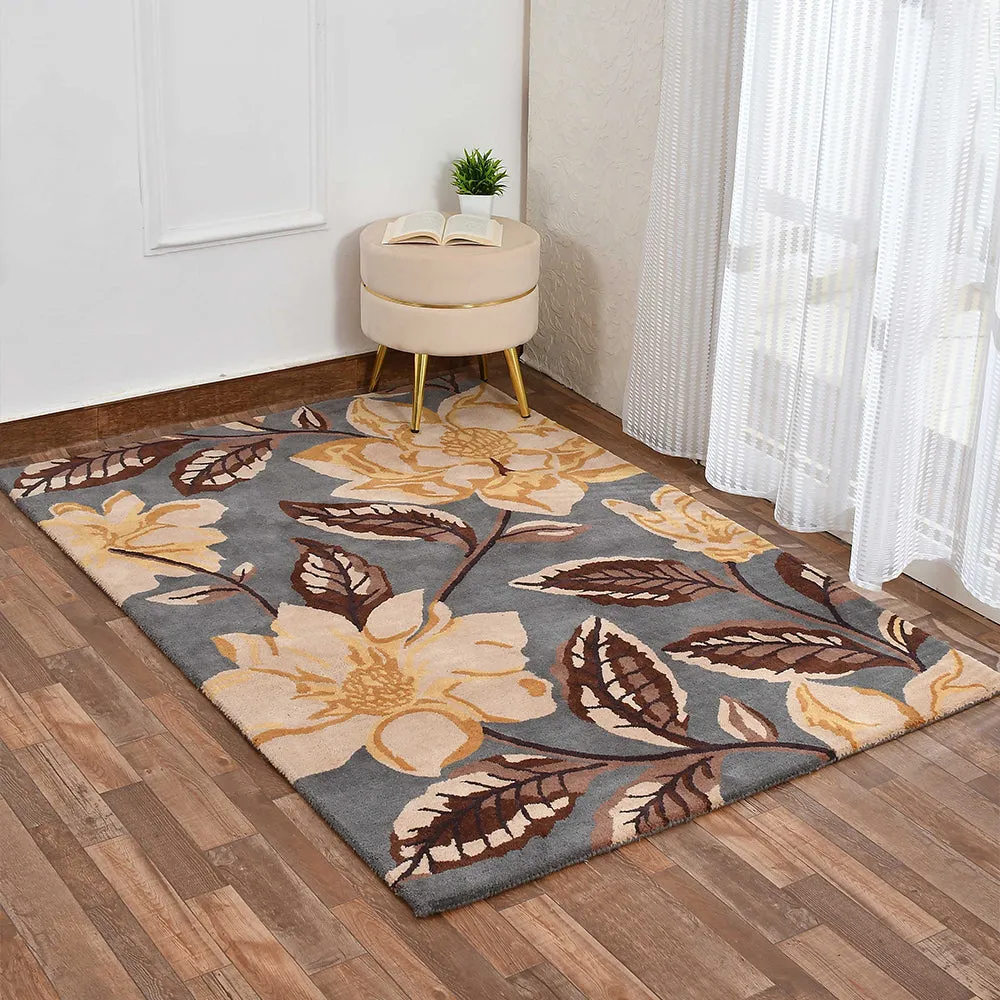 Gorgeous Grey Floral Printed Hand Tufted Wool Carpet 3X5