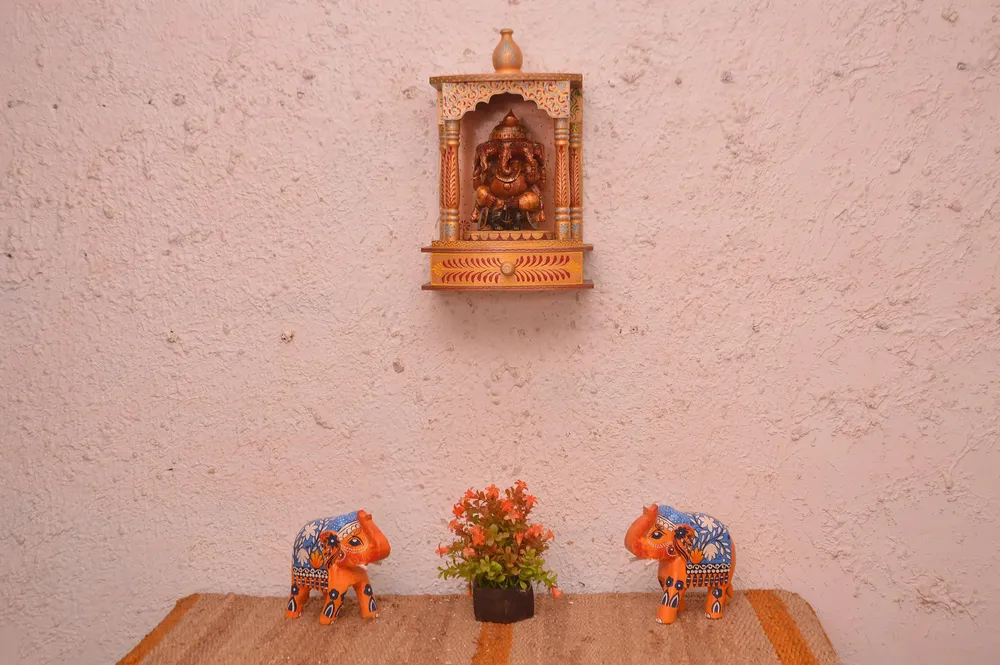Gorgeous Handpainted and Carved Wooden Pooja Mandir in Brown Colour