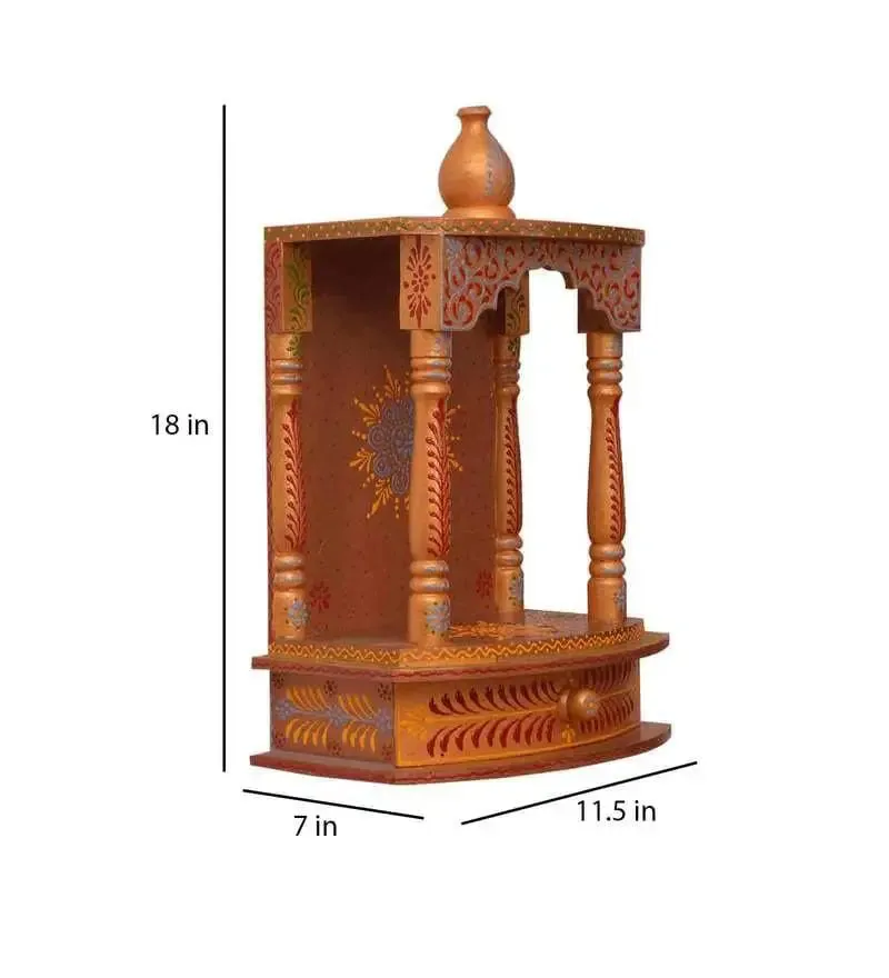 Gorgeous Handpainted and Carved Wooden Pooja Mandir in Brown Colour