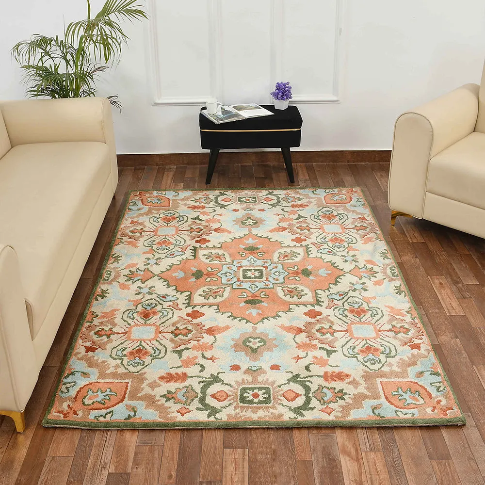 Gorgeous Peach and Green Traditional Print Polyester Carpet 3X5