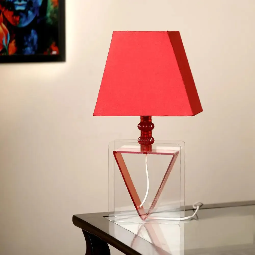 Gorgeous Red-Colored Inverted Triangle Table Lamp With Red Shade