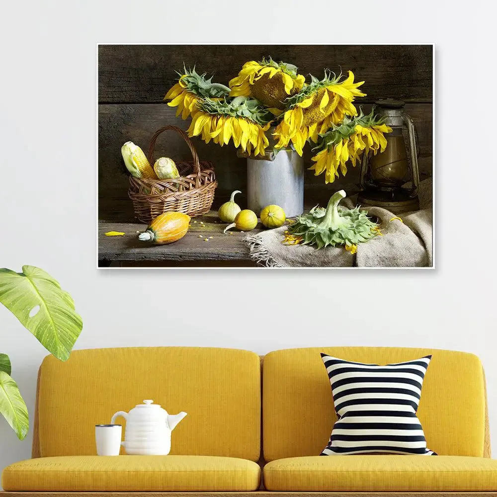 Gorgeous Still Life Wall Painting of Yellow Sunflowers With Frame