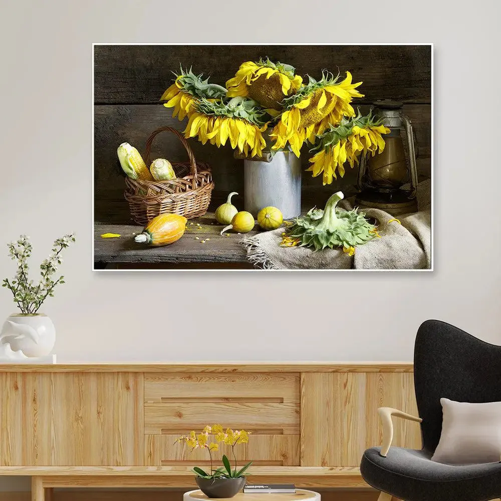 Gorgeous Still Life Wall Painting of Yellow Sunflowers With Frame