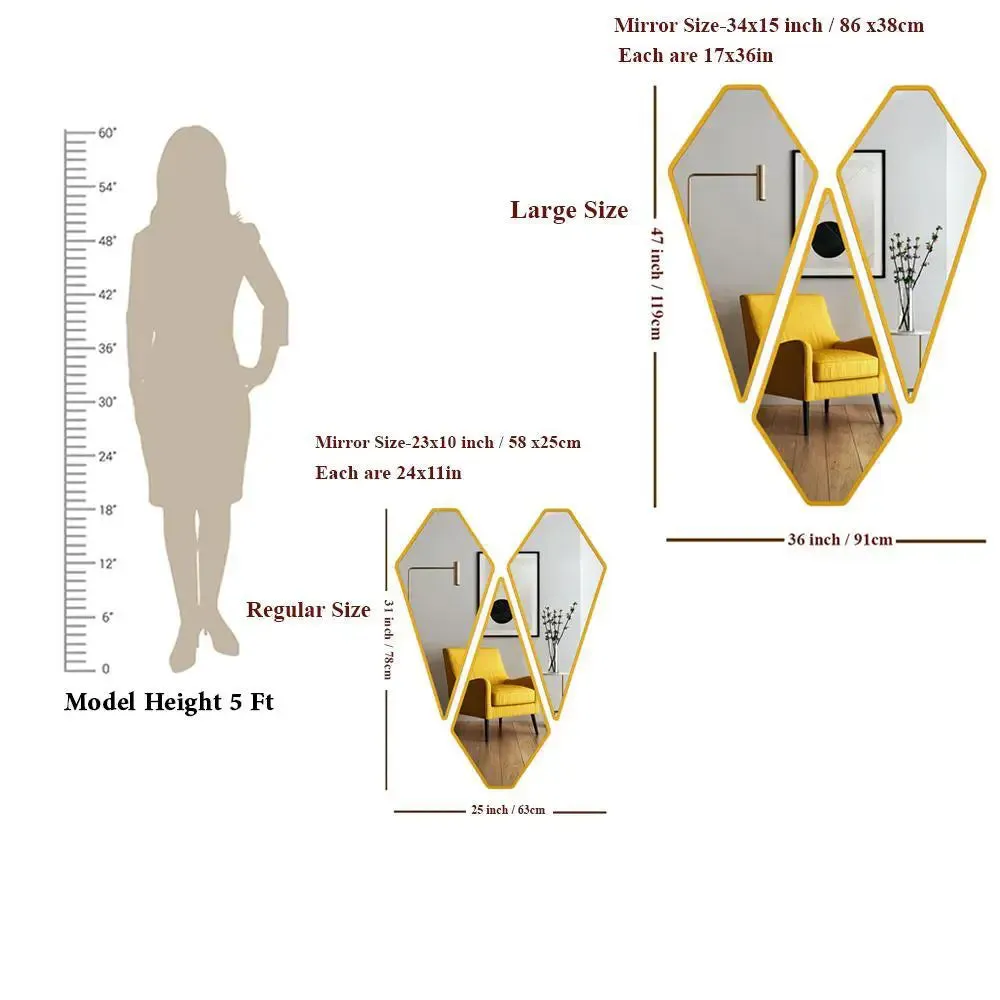 Graceful Diamond Shape Vanity Mirrors (Set of 3) in Golden Finish Frame Regular ( 78CM X 65CM )