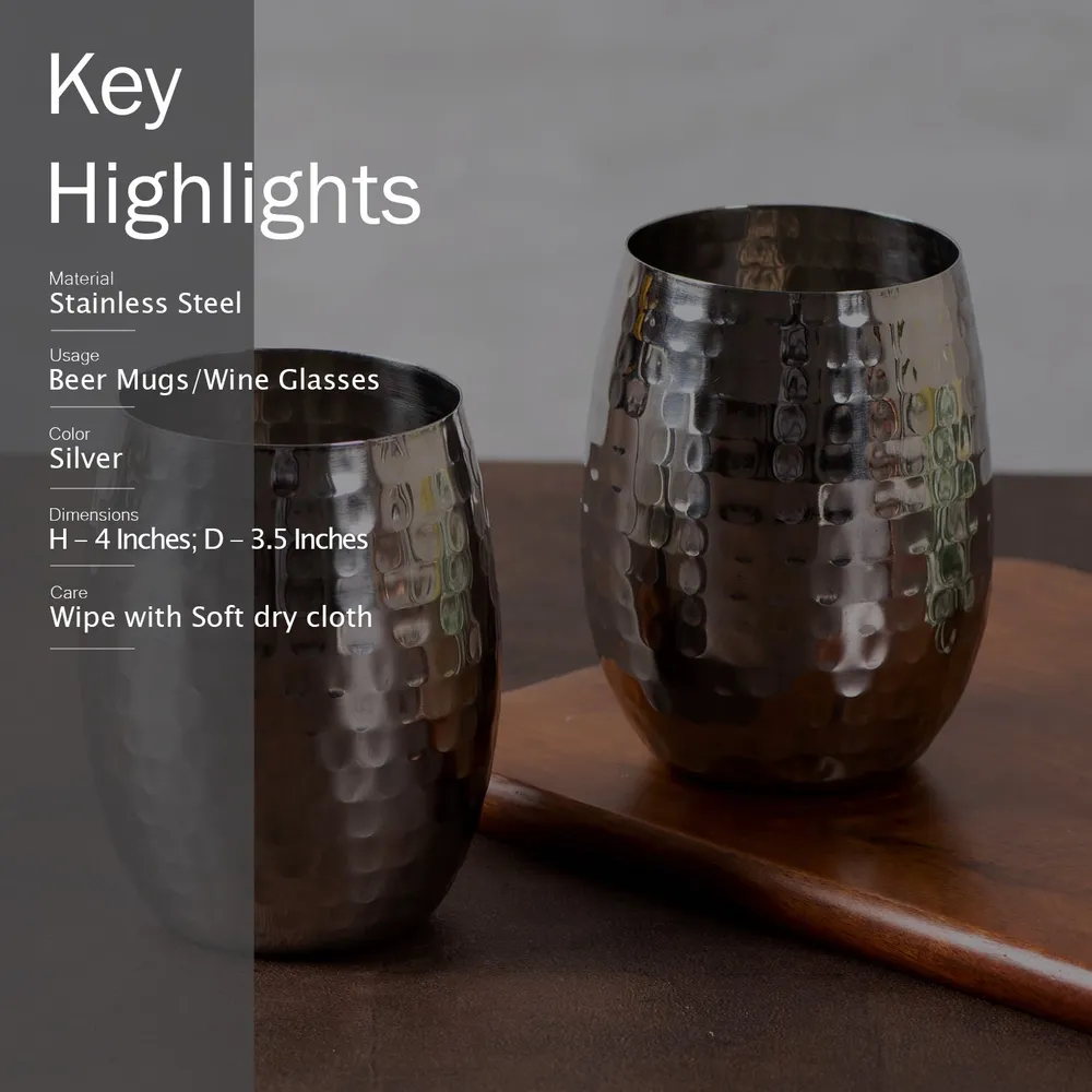 Graceful Silver Stainless Steel Wine Glasses Set Of 2