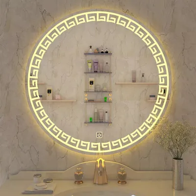 Greek Key Motif LED Round Bathroom Mirror