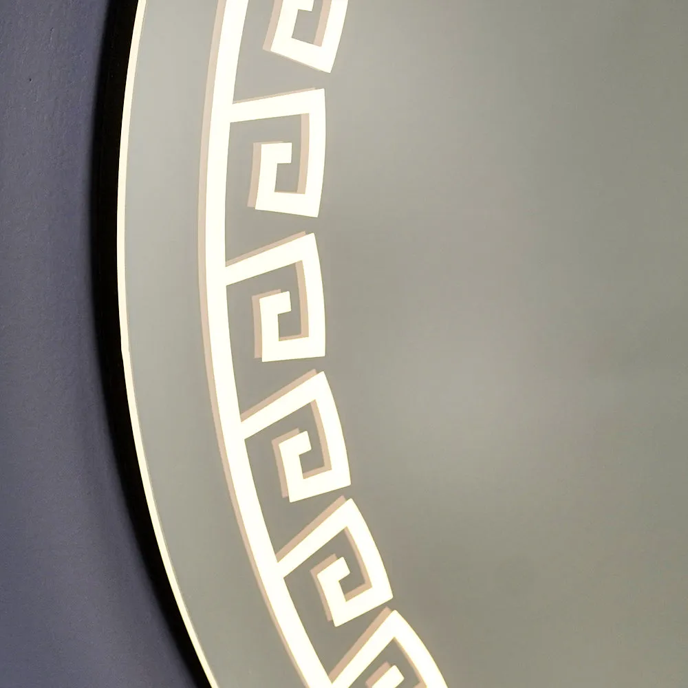 Greek Key Motif LED Round Bathroom Mirror