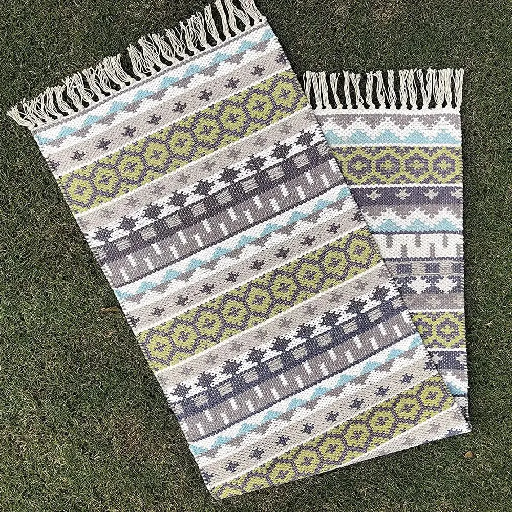 Green & Blue Intricate Aesthetic Cotton Area Rug (50 x 150) cm