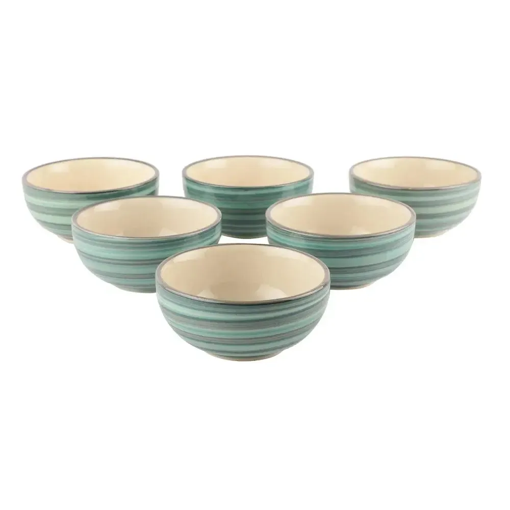 Green & Blue Striped Hand Painted Ceramic Bowl Set Of 6