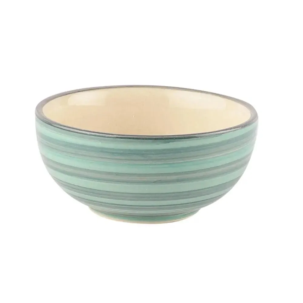 Green & Blue Striped Hand Painted Ceramic Bowl Set Of 6