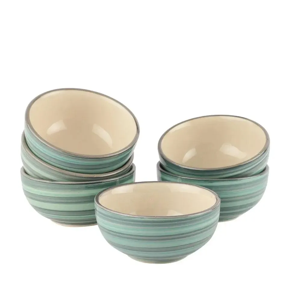 Green & Blue Striped Hand Painted Ceramic Bowl Set Of 6