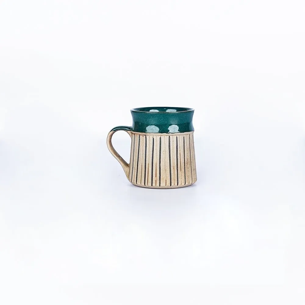 Green Bordered Striped Ceramic Mugs Set of 2 Single Piece