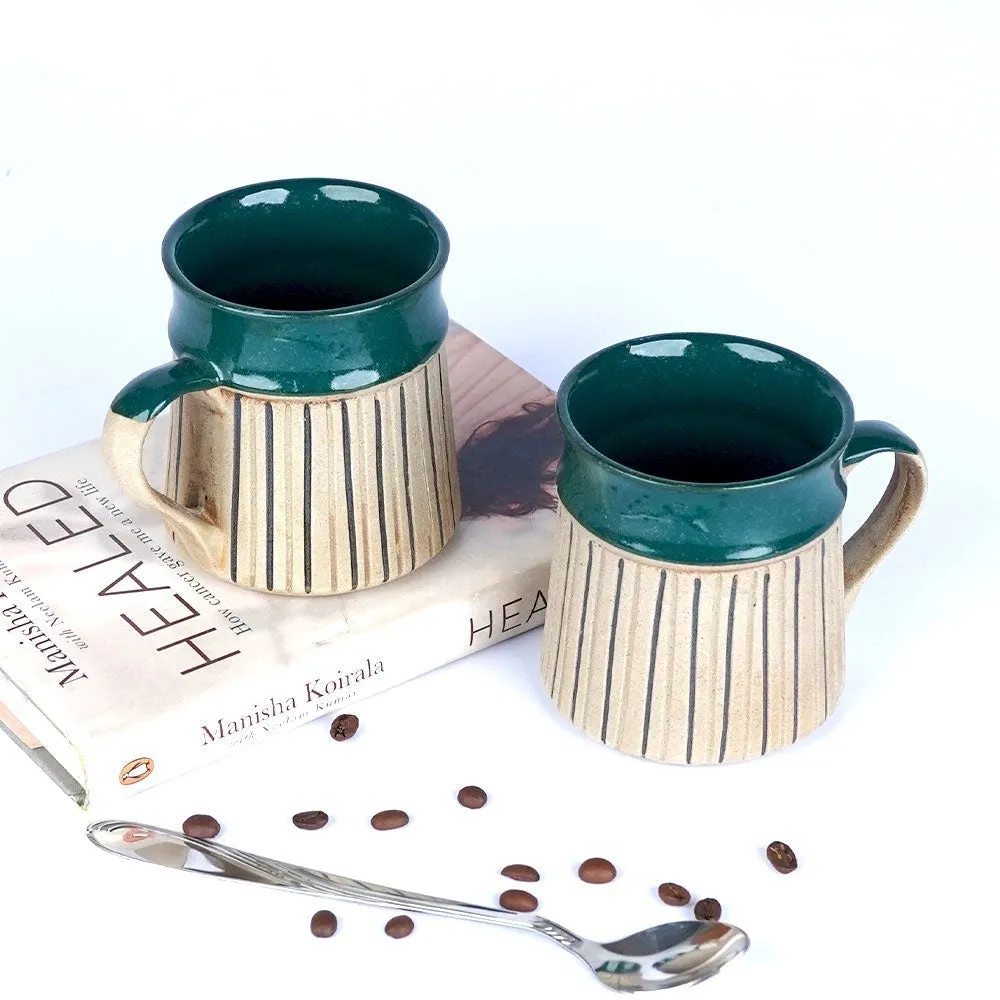 Green Bordered Striped Ceramic Mugs Set of 2 Single Piece
