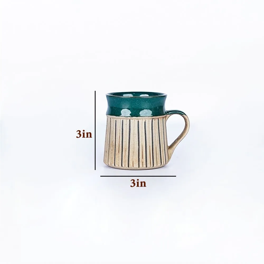 Green Bordered Striped Ceramic Mugs Set of 2 Single Piece