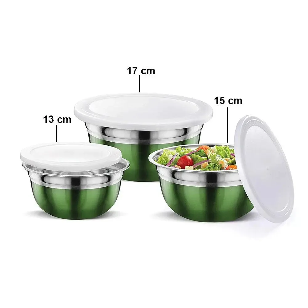 Green Coated Stainless Steel German Mixing Bowl Set With Lid Set Of 3