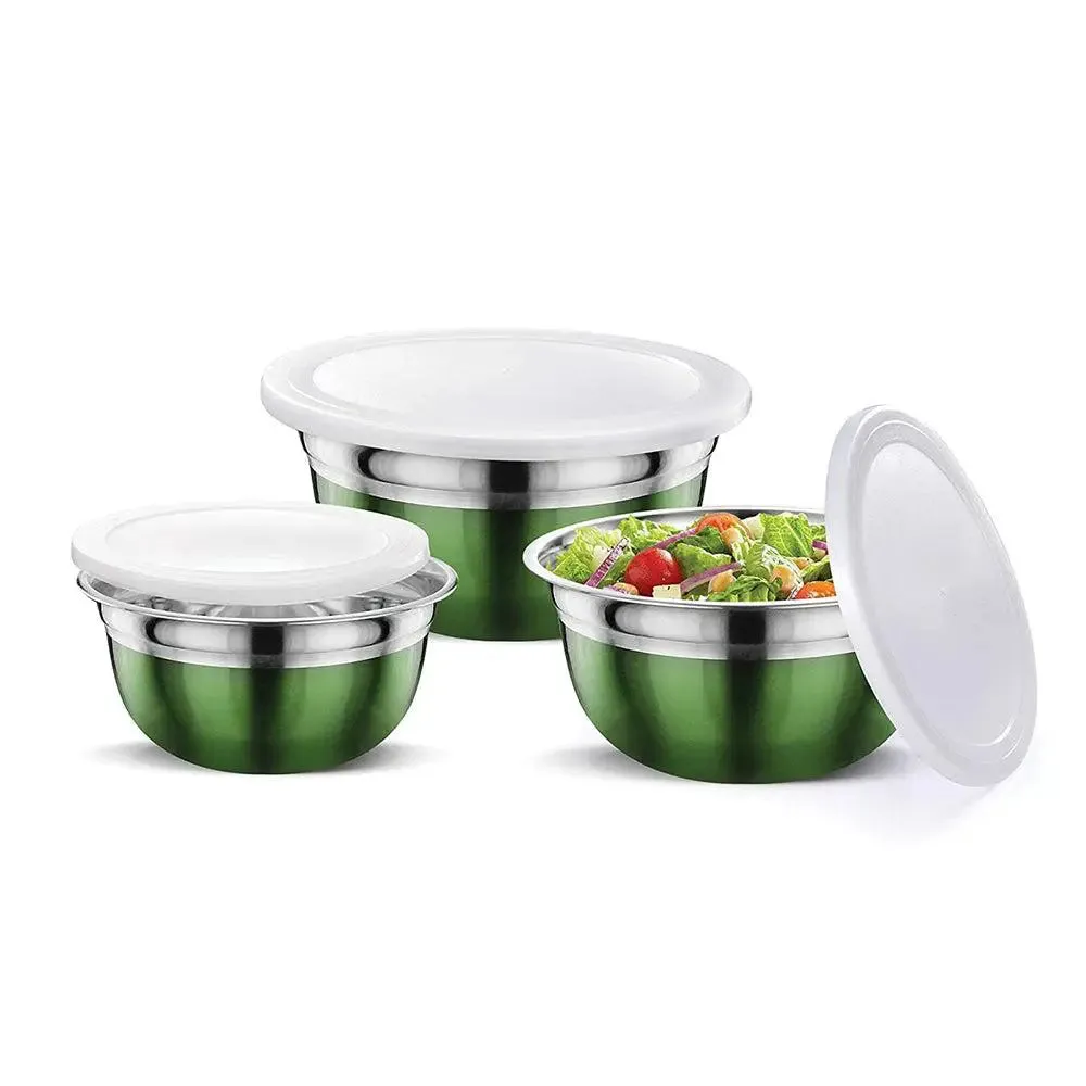 Green Coated Stainless Steel German Mixing Bowl Set With Lid Set Of 3