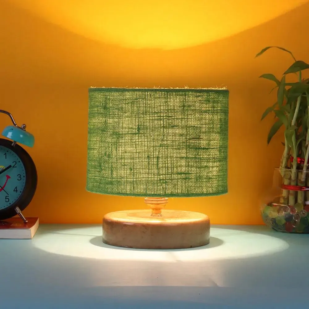 Green Jute Table Lamp with Wood Base