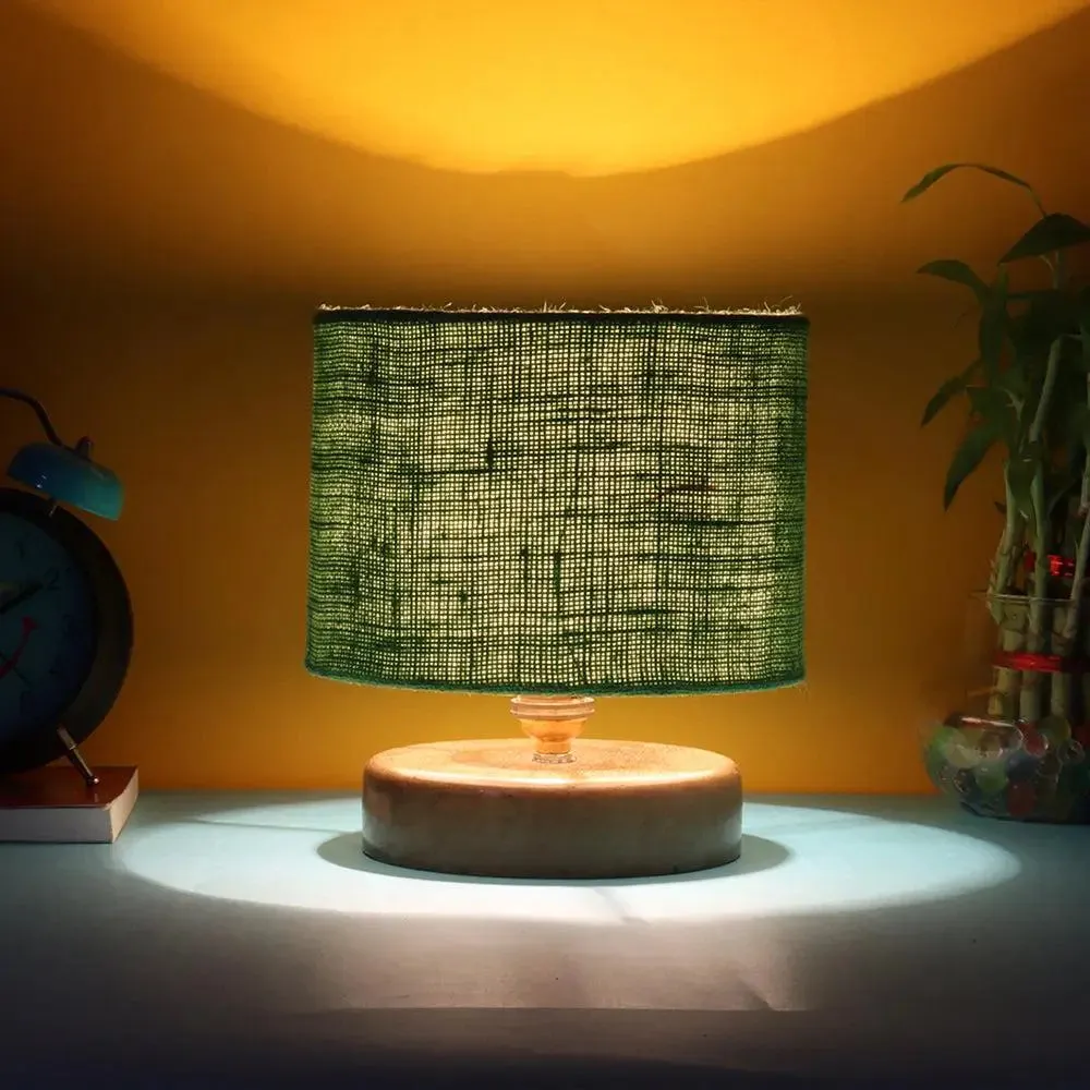 Green Jute Table Lamp with Wood Base