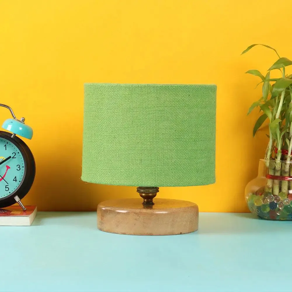 Green Jute Table Lamp with Wood Base