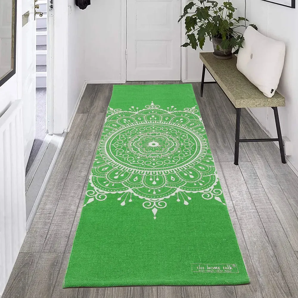 Green Mandala Art 100% Cotton Designer Yoga Mat / Excercise Mat- 2x6 ft