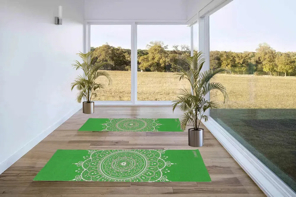 Green Mandala Art 100% Cotton Designer Yoga Mat / Excercise Mat- 2x6 ft