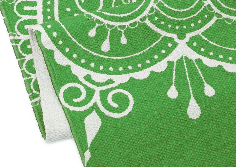 Green Mandala Art 100% Cotton Designer Yoga Mat / Excercise Mat- 2x6 ft