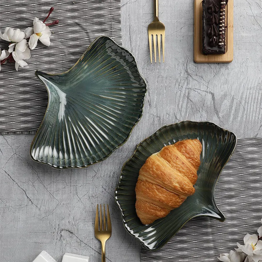 Green Petals Designer Ceramic Snacks Platter Set Of 2