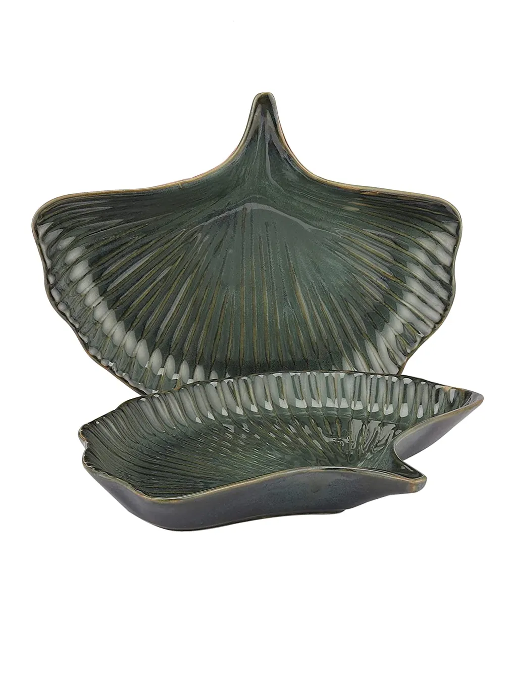 Green Petals Designer Ceramic Snacks Platter Set Of 2