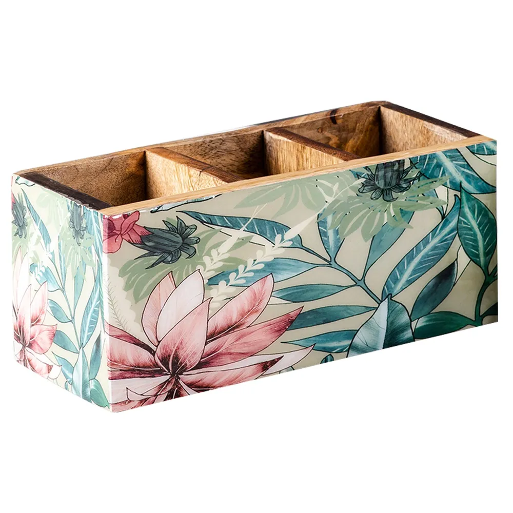 Green Printed Decorative Multipurpose Big Wooden Cutlery Holder
