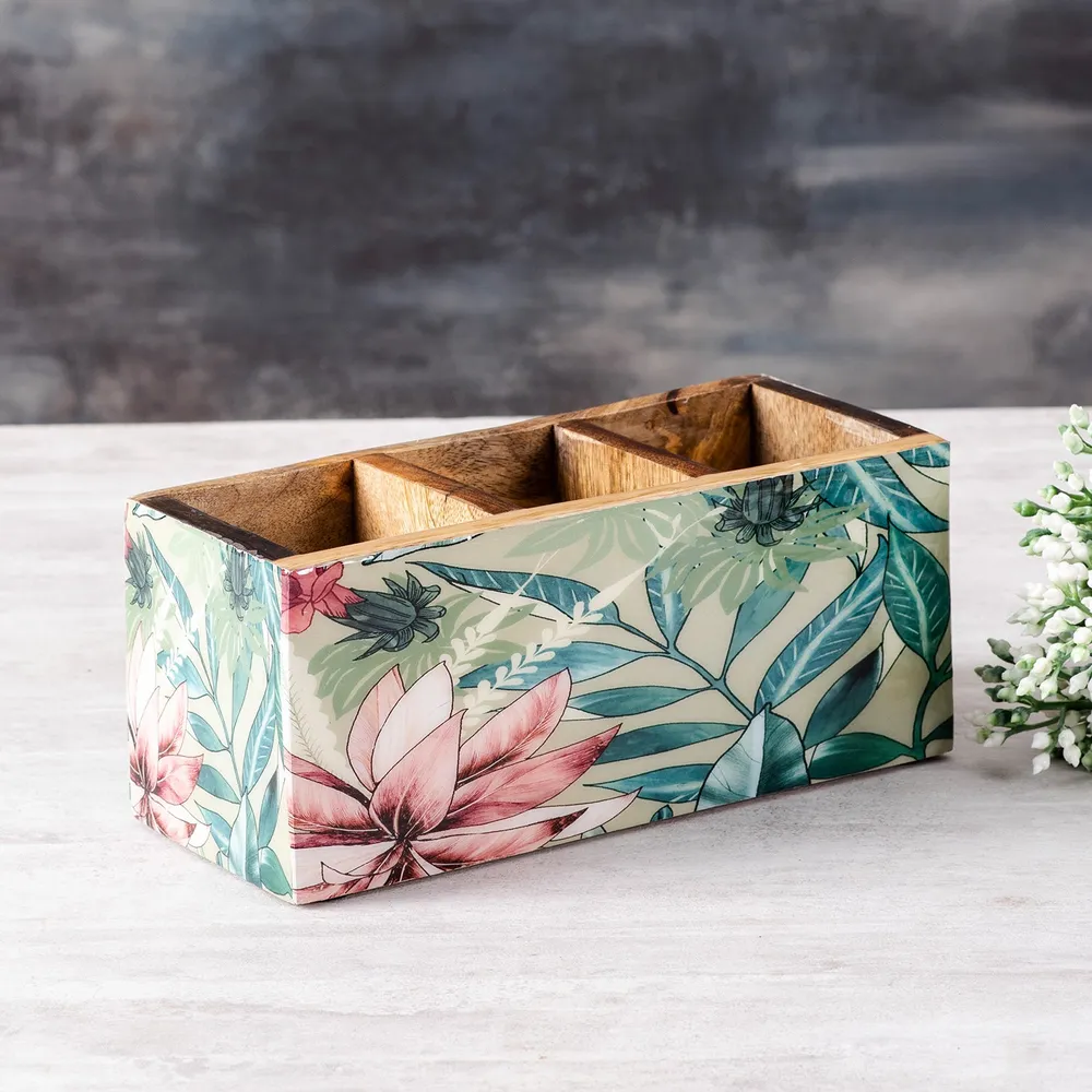 Green Printed Decorative Multipurpose Big Wooden Cutlery Holder