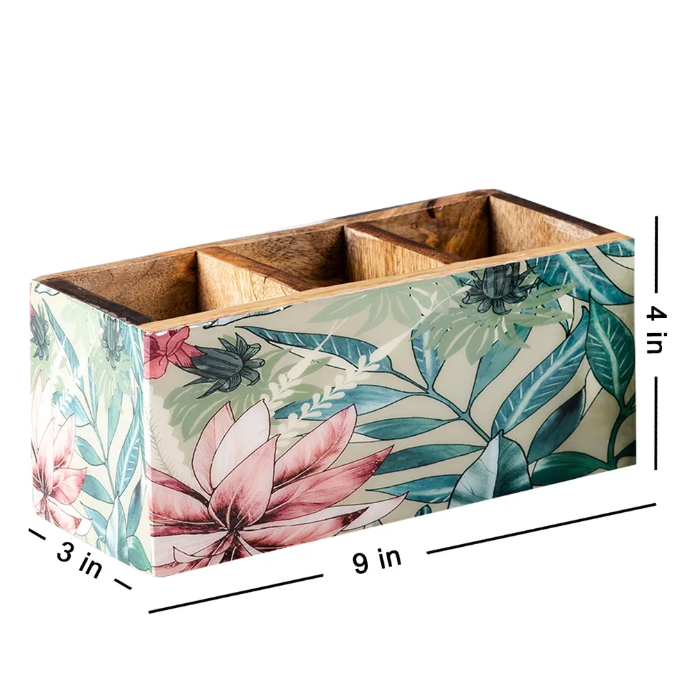 Green Printed Decorative Multipurpose Big Wooden Cutlery Holder