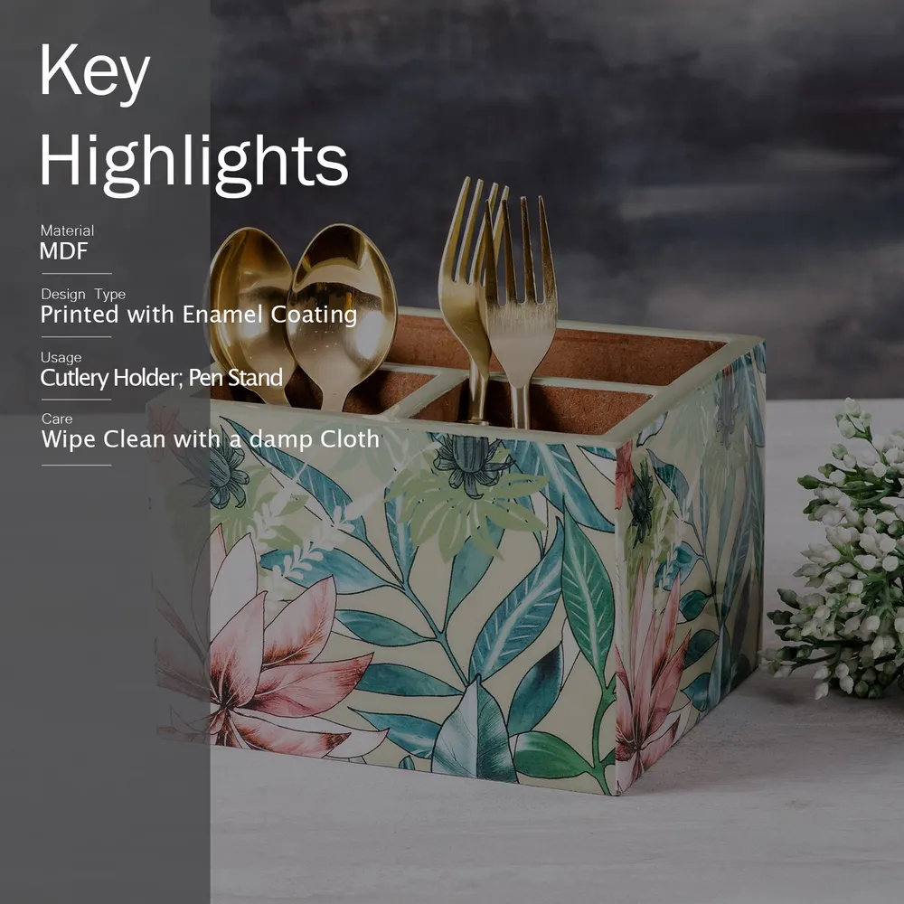 Green Printed Decorative Multipurpose Wooden Cutlery Holder