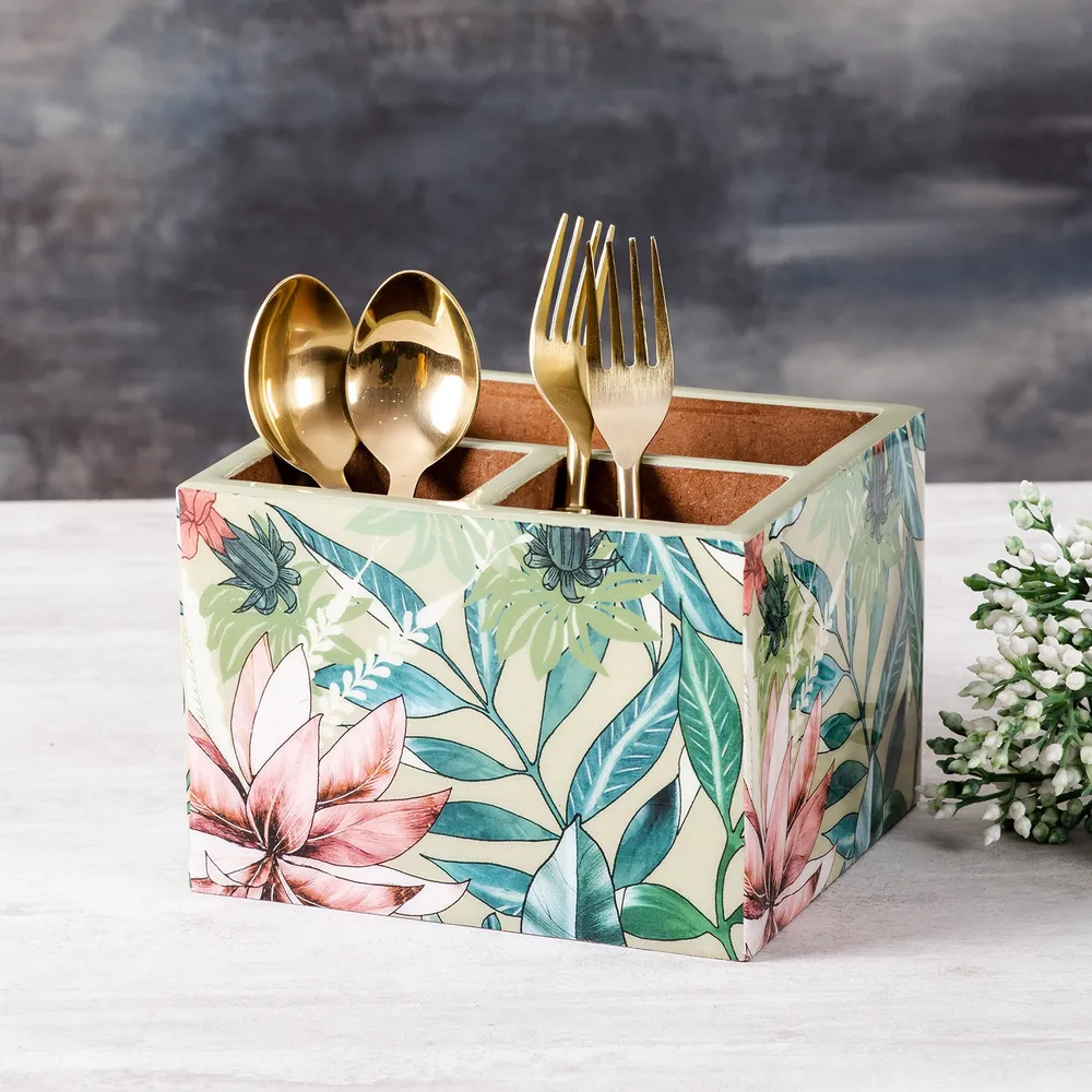 Green Printed Decorative Multipurpose Wooden Cutlery Holder