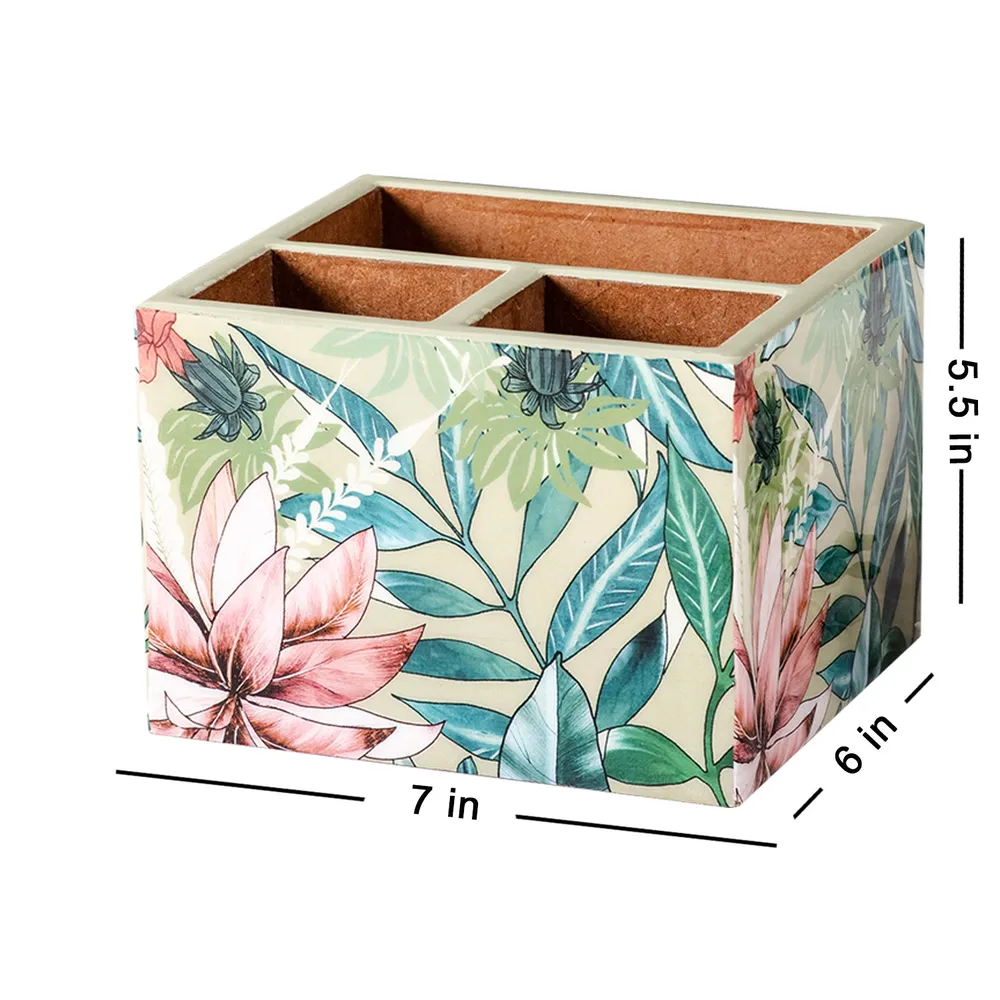 Green Printed Decorative Multipurpose Wooden Cutlery Holder