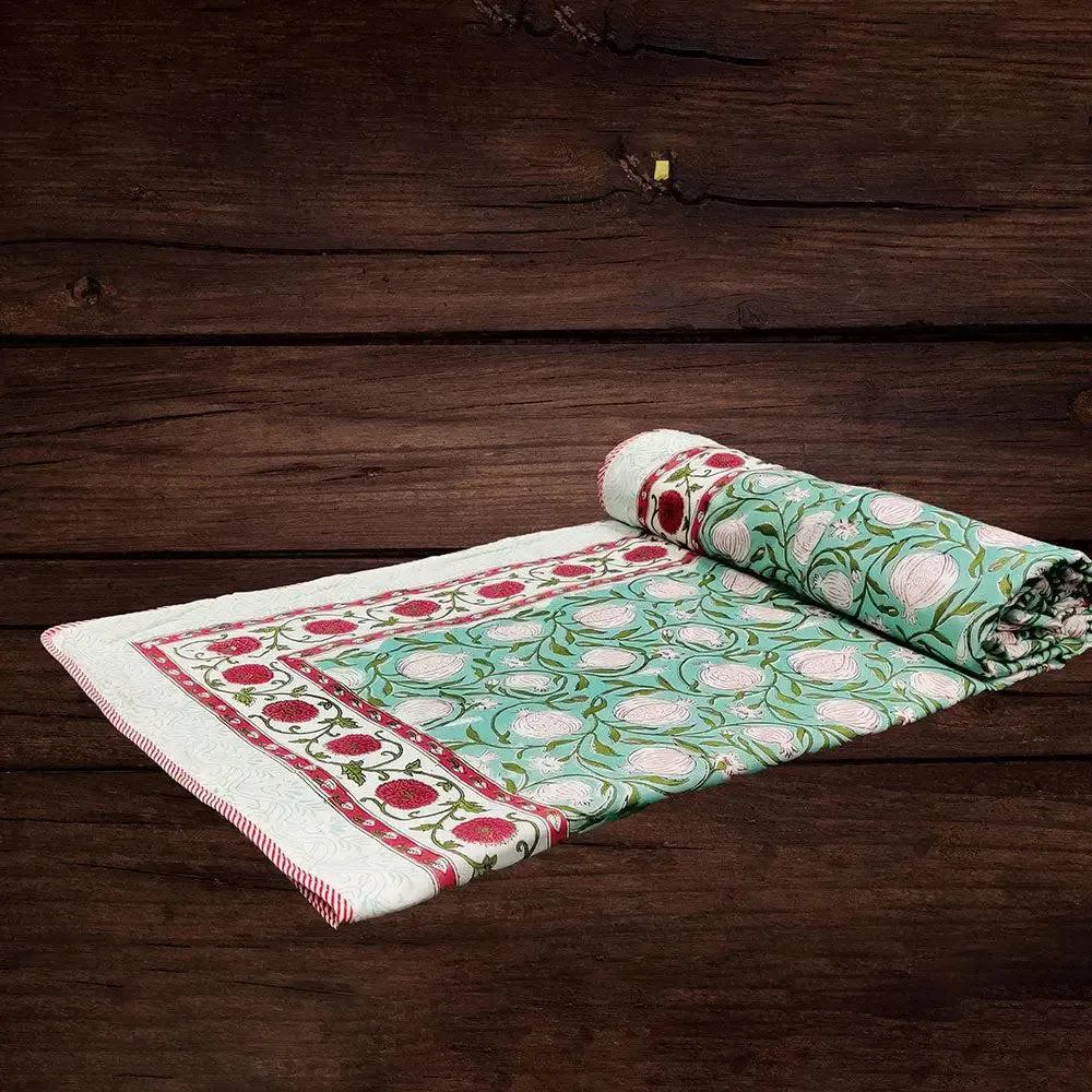 Green & Red Traditional Floral Hand Block Printed Single Bed Cotton Dohar