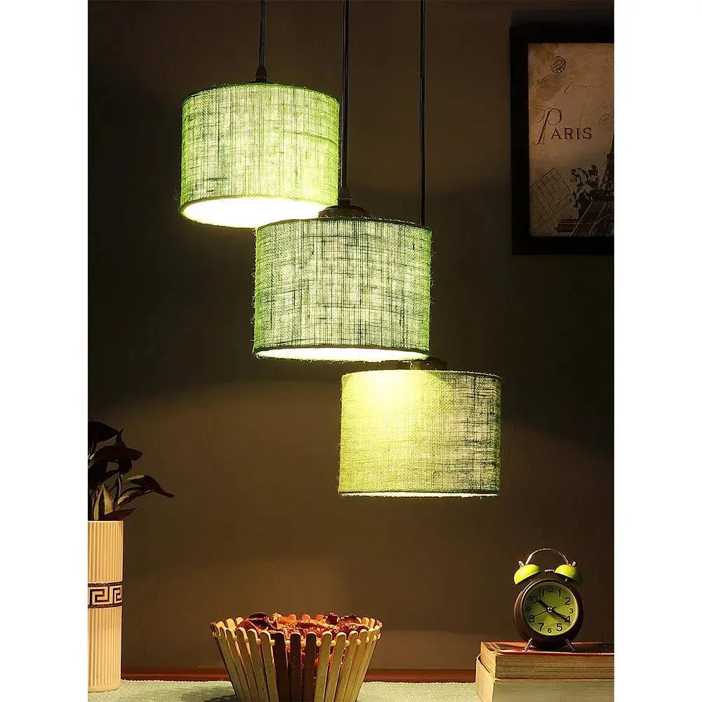 Green Round Jute Drum Cluster Hanging Light
